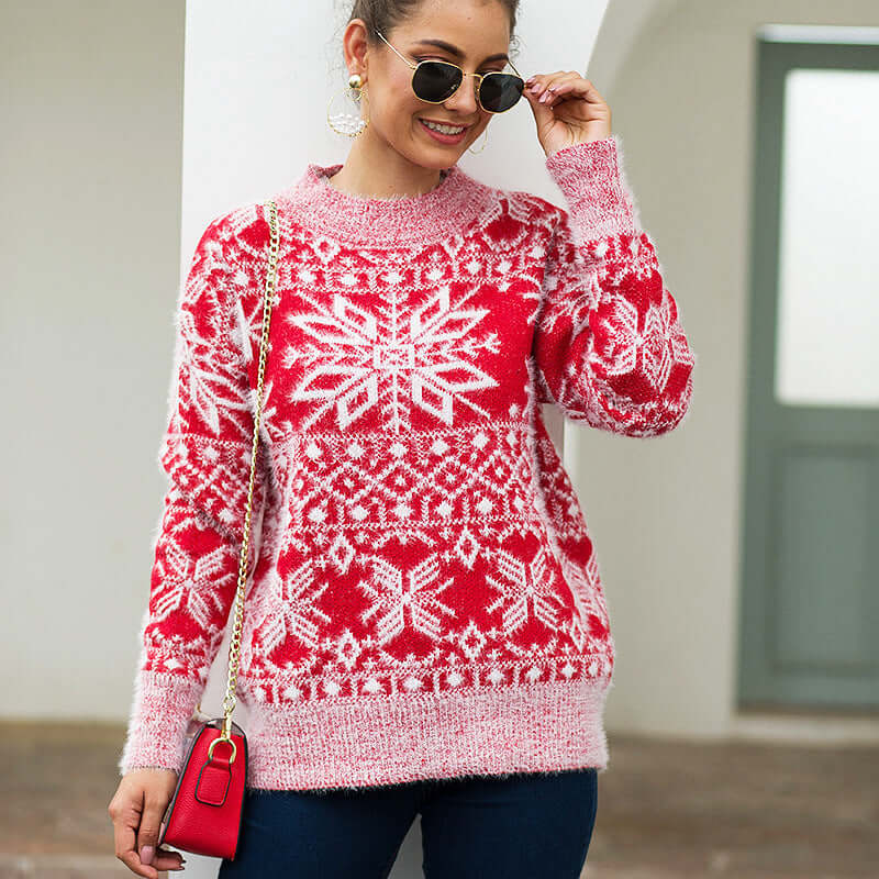 Casual Snowflake Knit Sweater Loose Round Neck Style