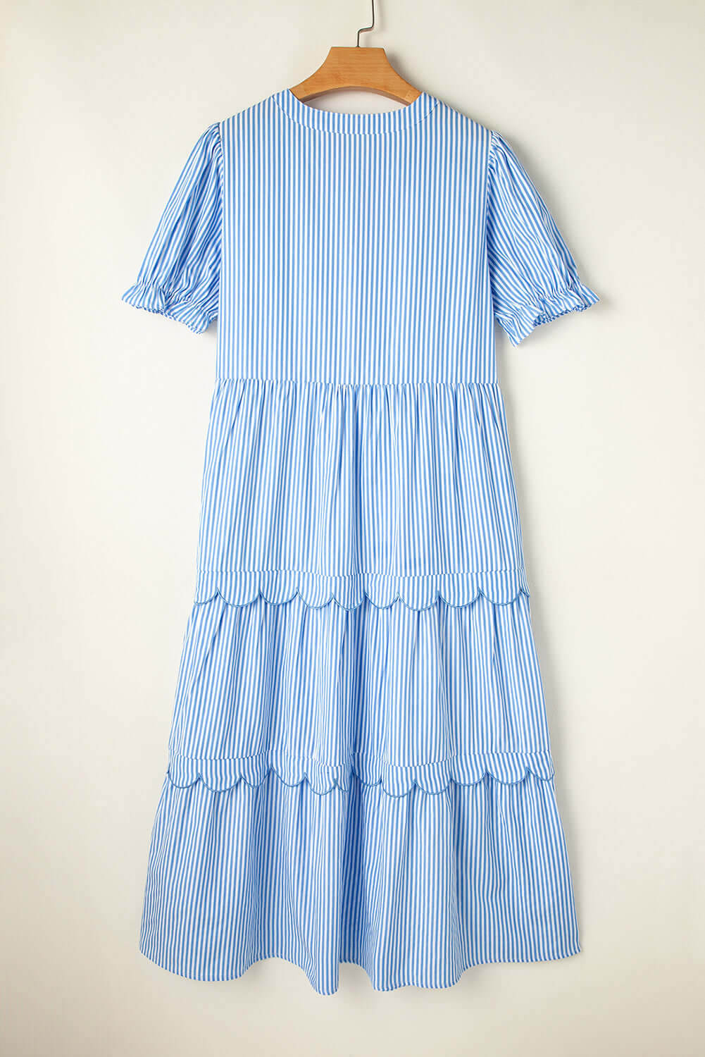 Bubble Short Sleeve Tiered Scallop Long Dress - Elegant Striped Style