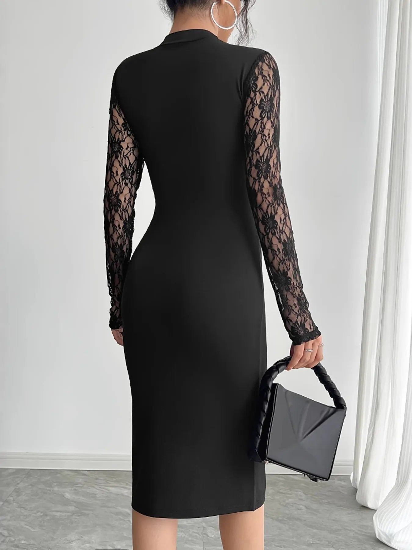 Lace Mock Neck Slit Dress back view