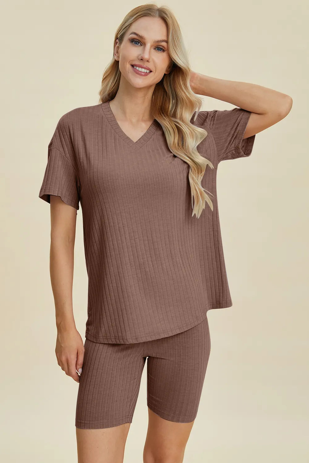 Ribbed V-Neck Short Sleeve Top and Shorts Set for Women