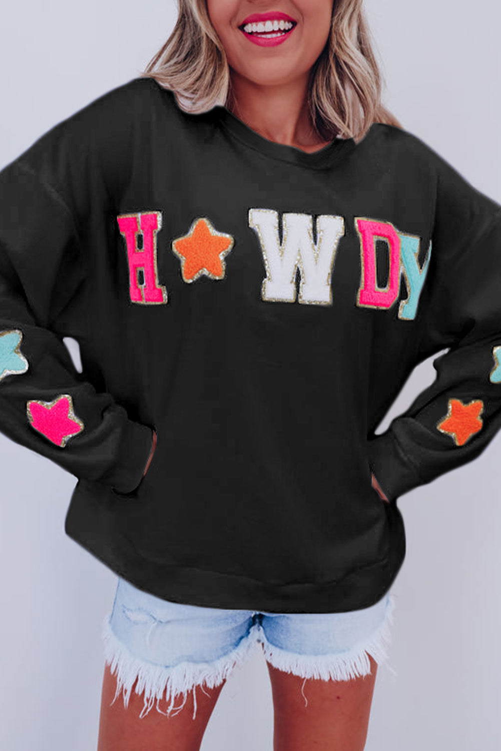 Howdy Graphic Sweatshirt with Star Sleeve Design