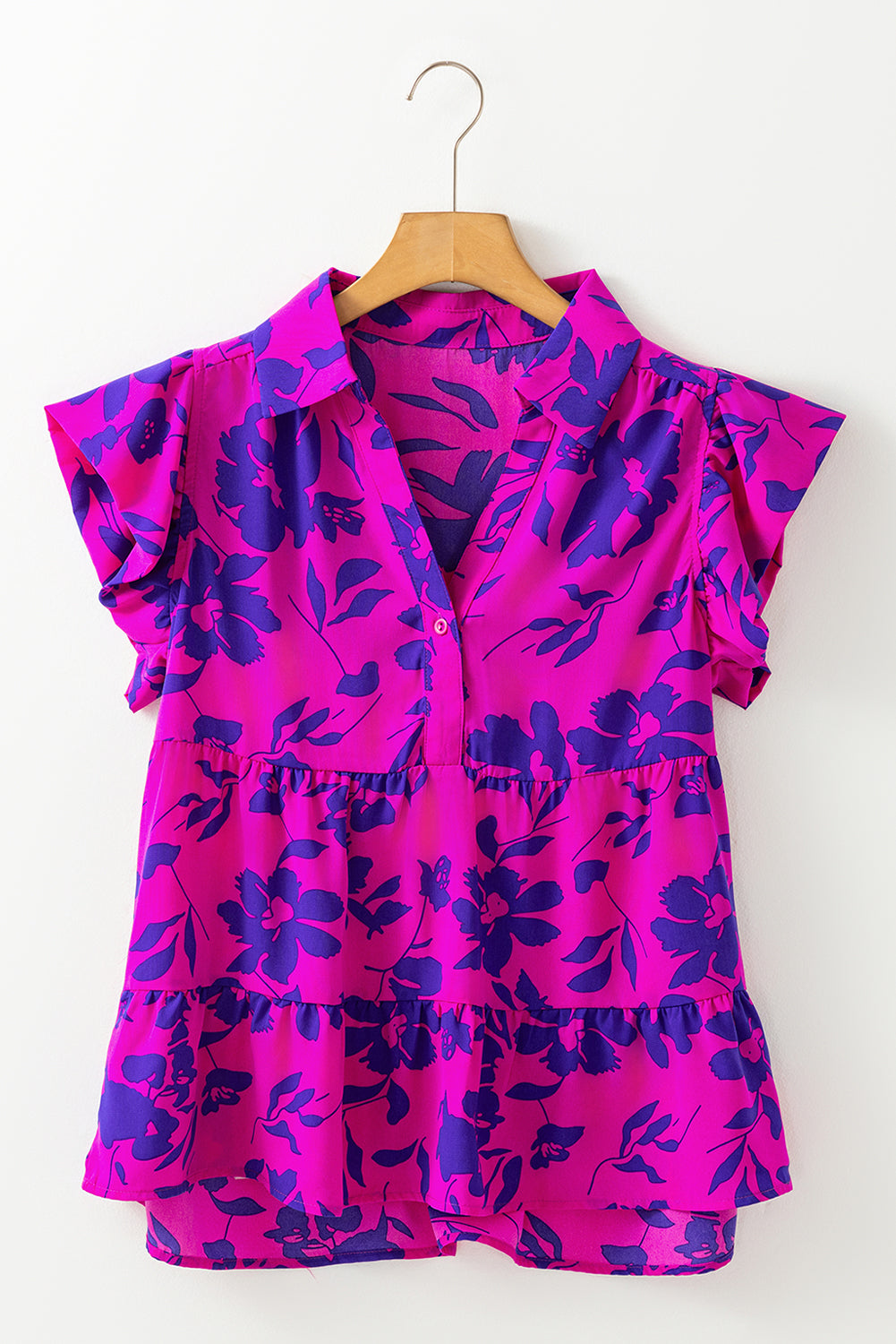 Flowery Buttoned Blouse with Flutter Sleeves