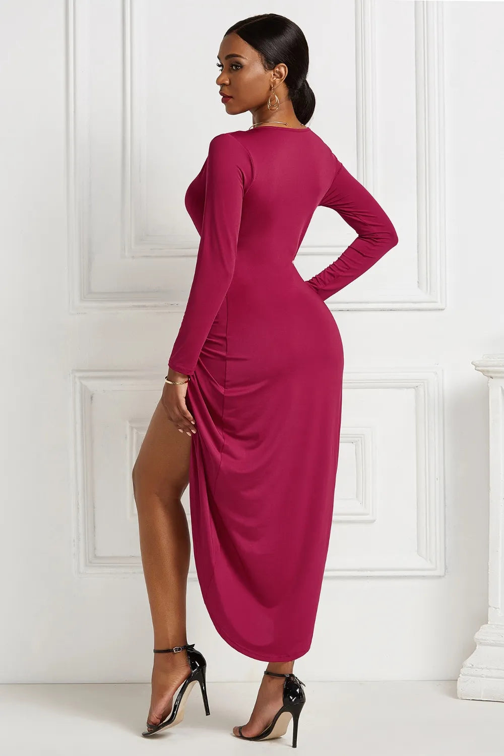High-Low Ruched Surplice Long Sleeve Dress side view