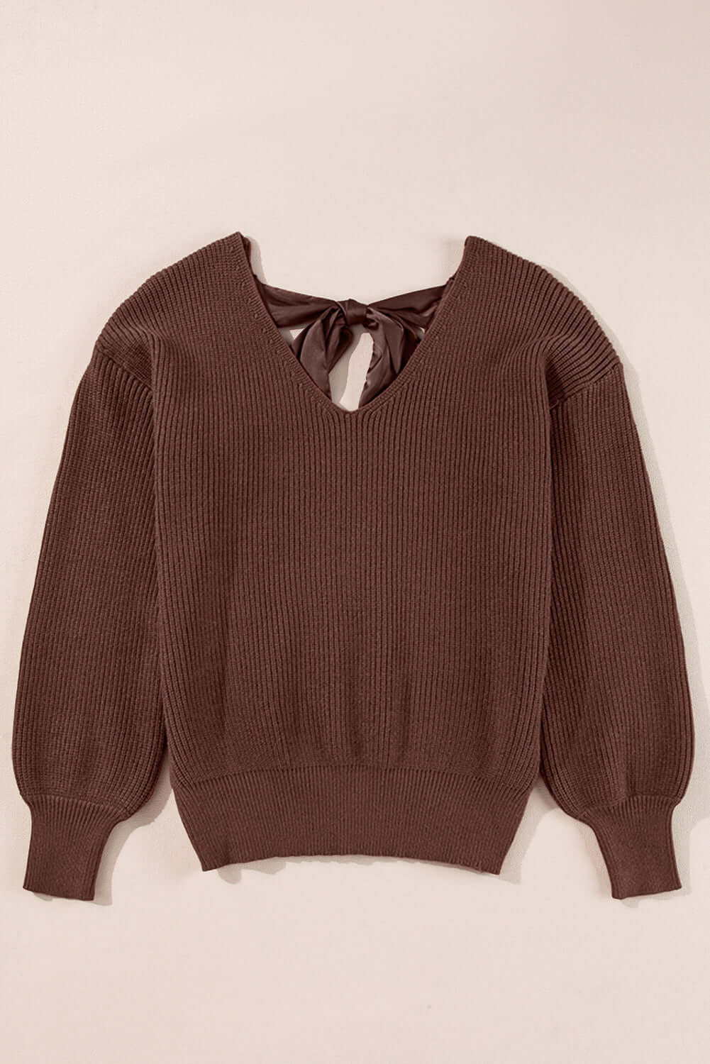 V-Neck Lantern Sleeve Sweater for Women – Stylish Back Knot Design
