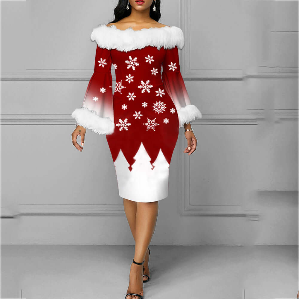 Festive Holiday High Waist Dress With Long Sleeves