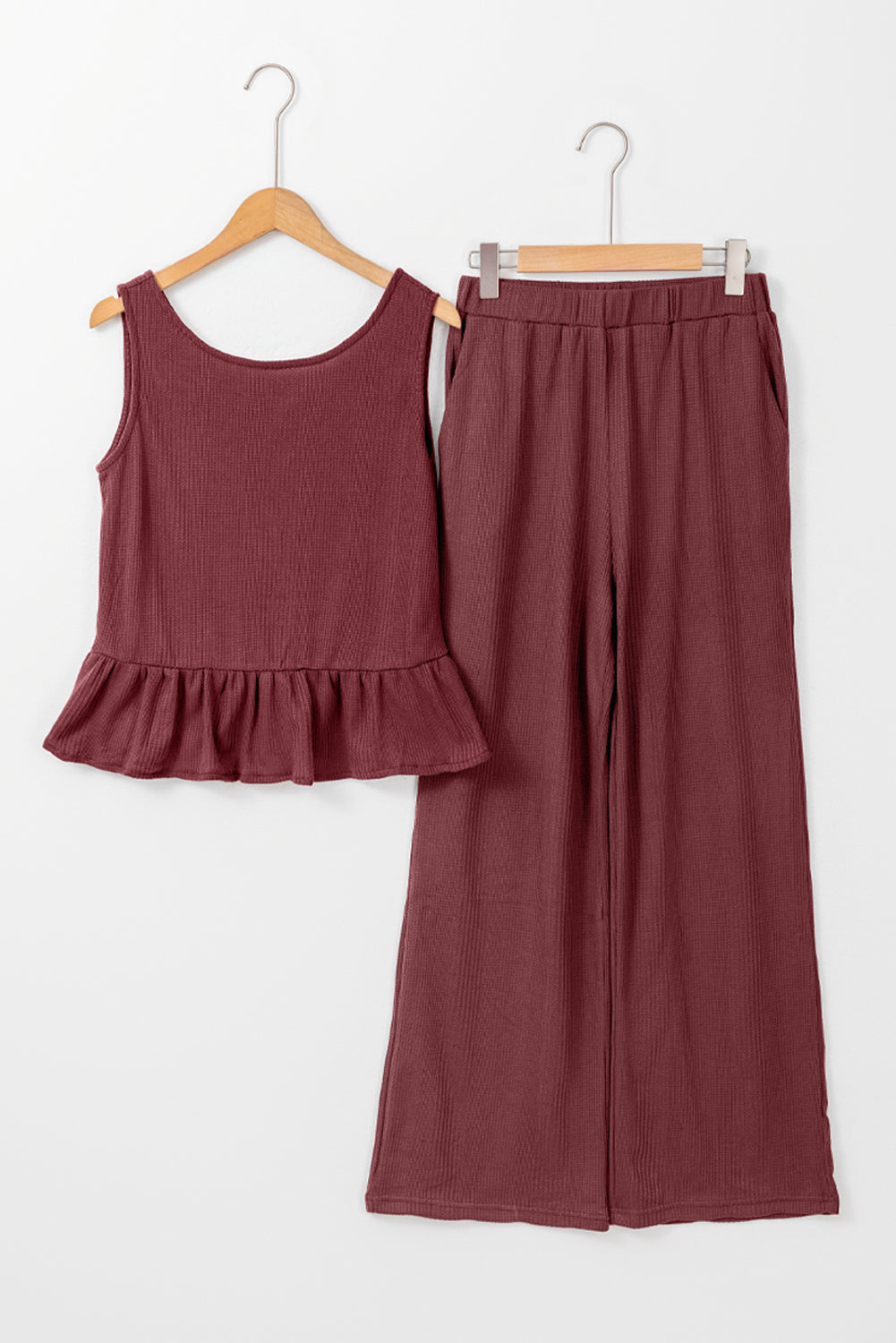 Solid Ribbed Loungewear Set with Ruffled Tank Top