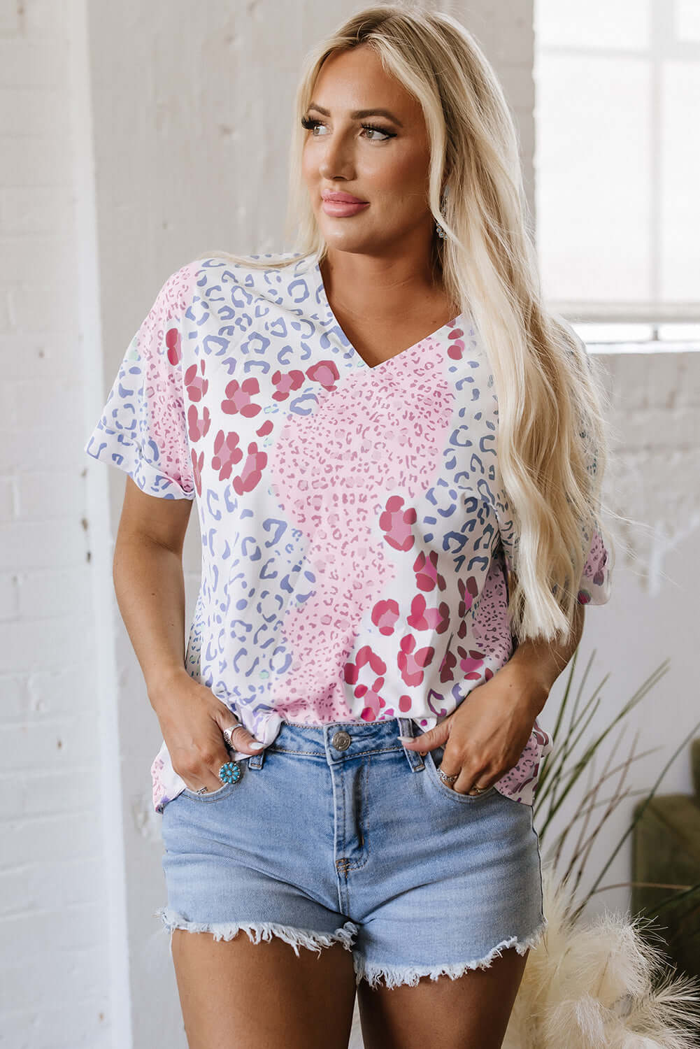 Leopard Print V Neck Top for Women