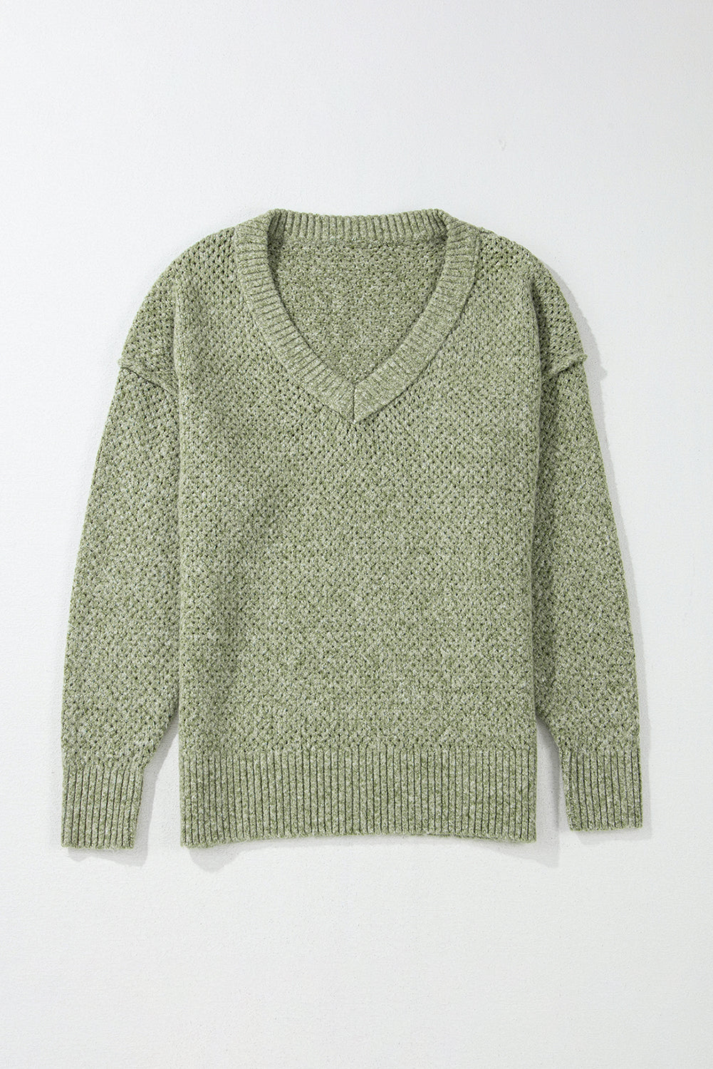 Eyelet V Neck Loose Sweater with Drop Shoulder Design