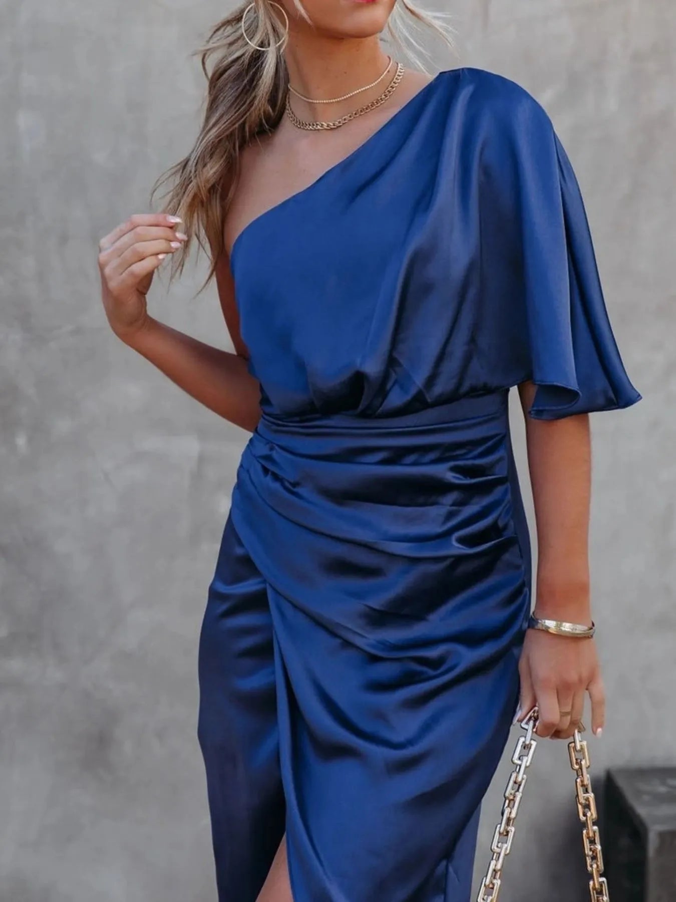 One Shoulder Satin Wrap Dress with Side Slit