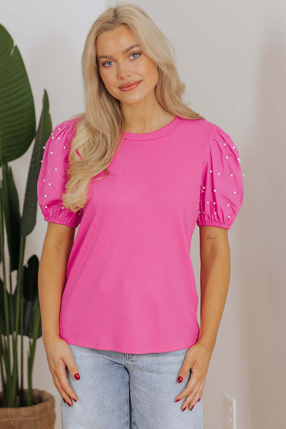 Ribbed Pearl Beaded Puff Sleeve Top with Elegant Texture