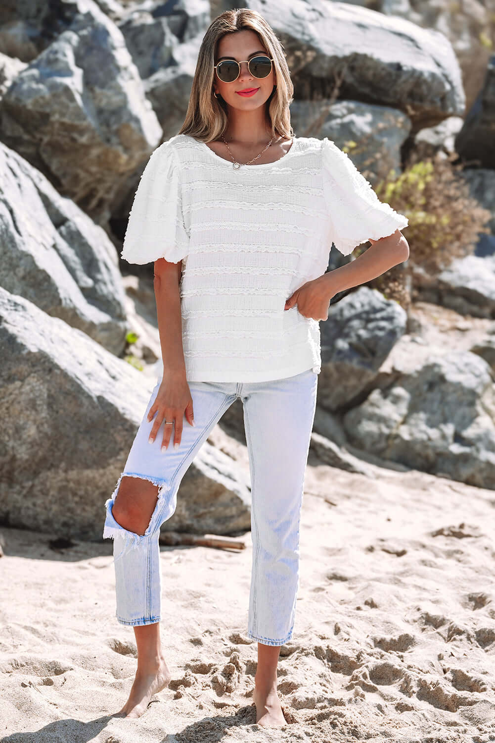 Frilled Lace Blouse - Romantic Bubble Sleeve Top