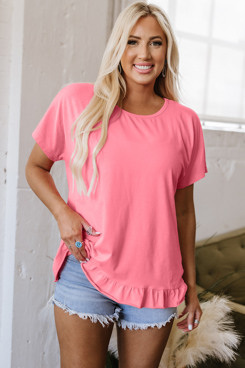 Womens Frilled Hem Loose Fit T-Shirt – Casual Soft Top