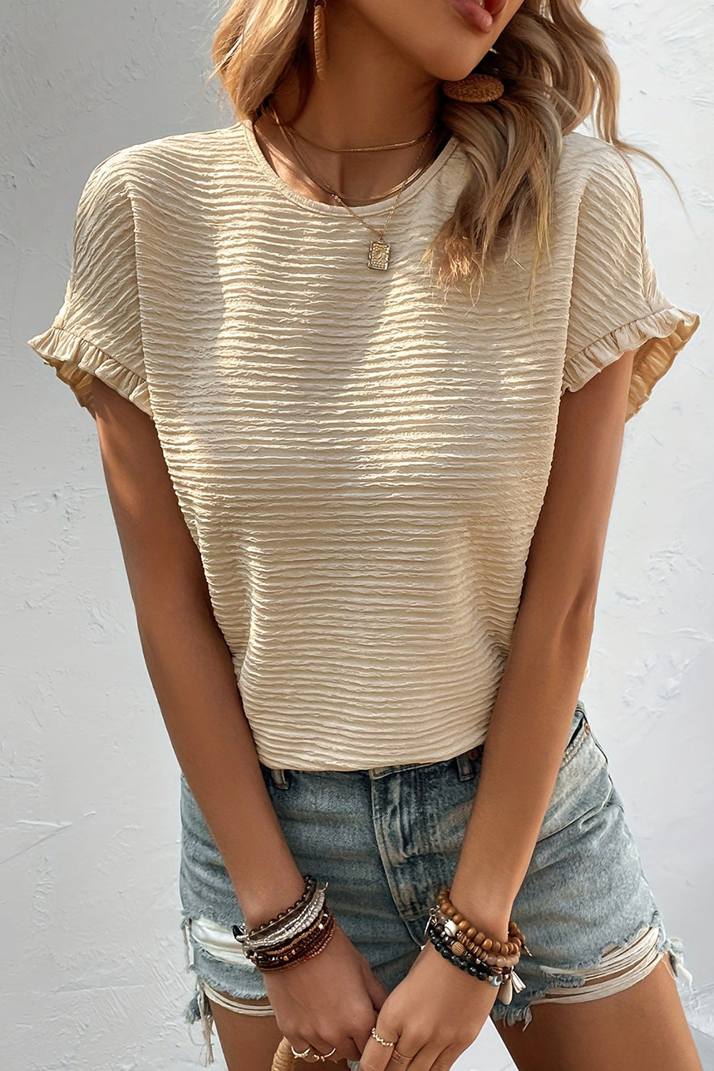 Ruffle Sleeve Solid Top with Elegant Texture