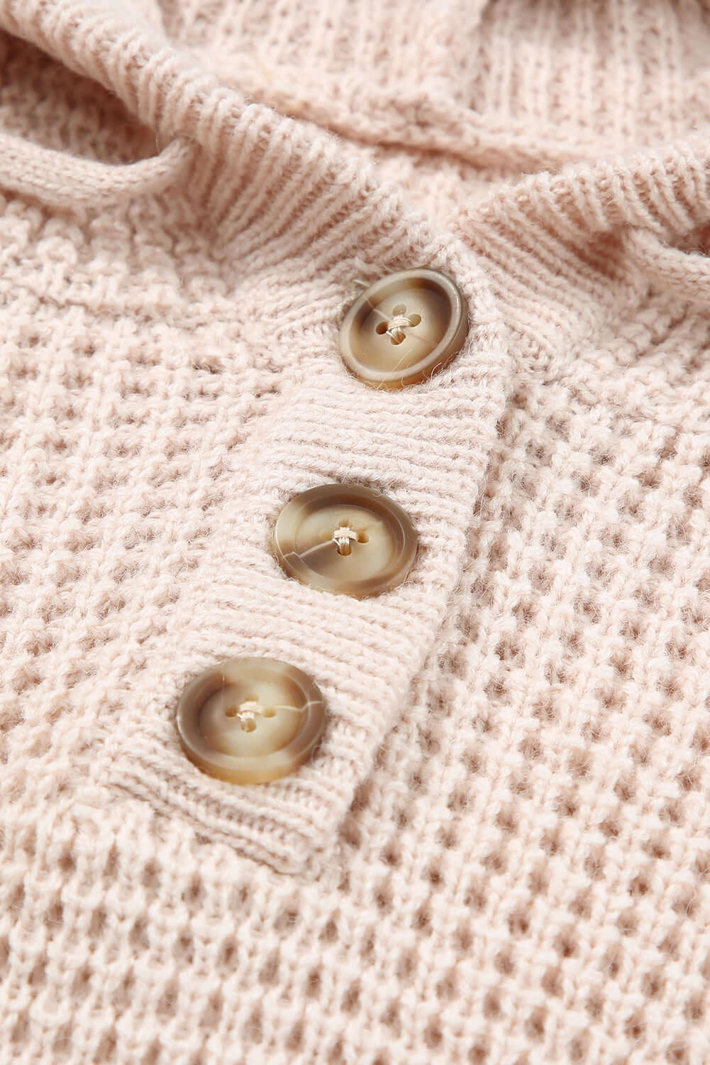 Waffle Knit Hooded Sweater With Button Neckline
