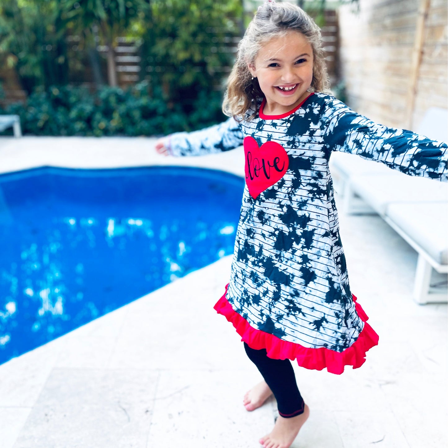 AnnLoren Girls Valentine's Day Heart Tie Dye Outfit Dress and Black Leggings-4