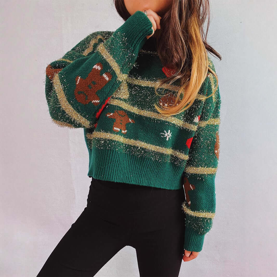Christmas Green Pullover - Trendy Embroidered Sweater for Women