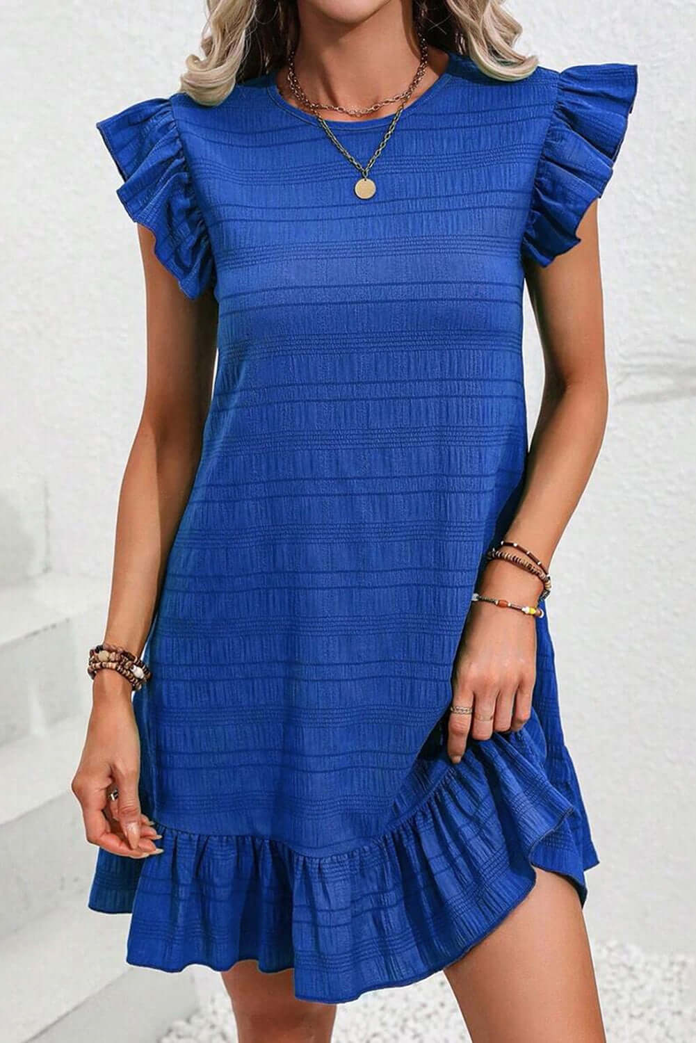 Flutter Sleeve Ruffle Hem Dress - Textured Summer Mini Dress