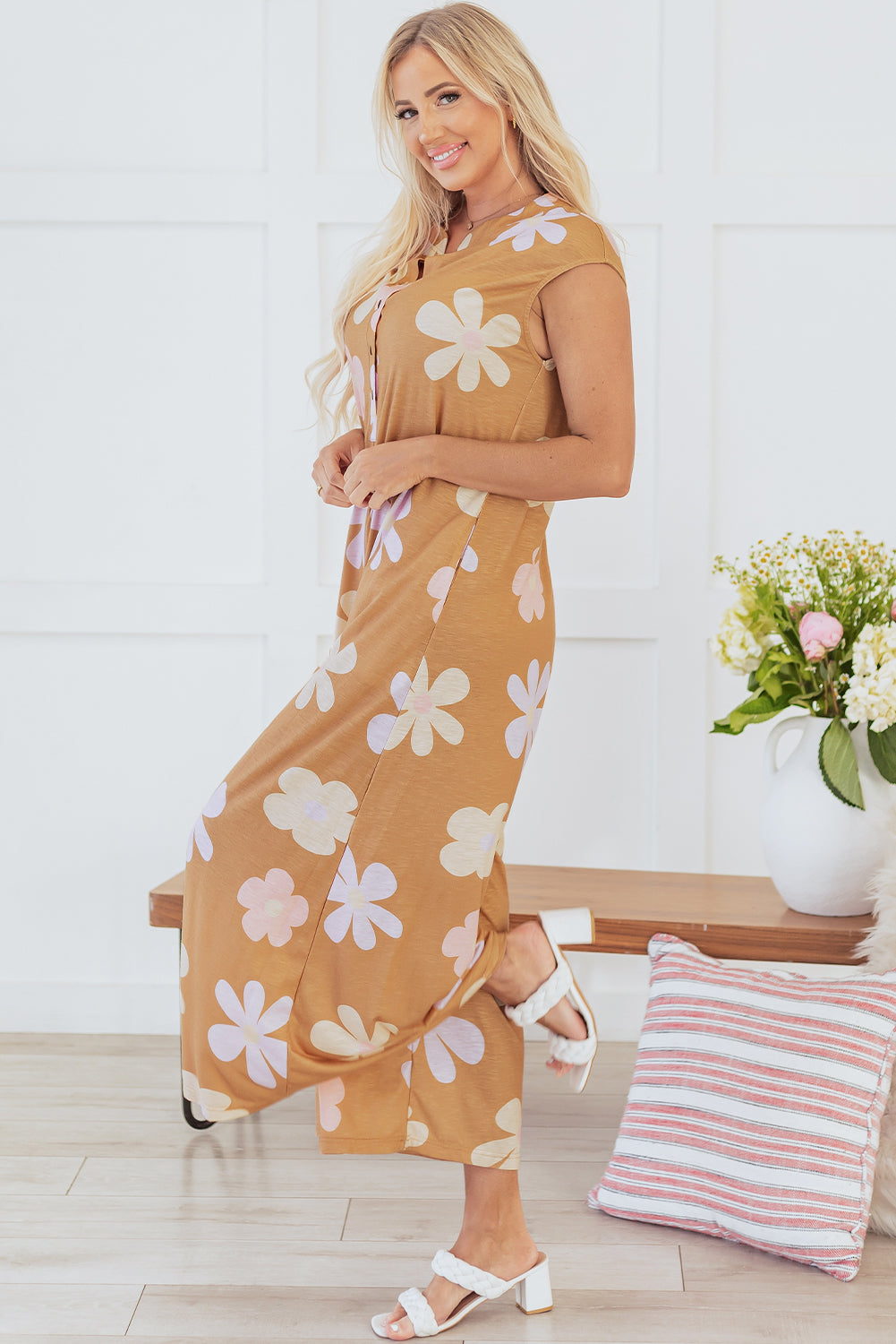 Floral Sleeveless Button Up Jumpsuit with Vibrant Print