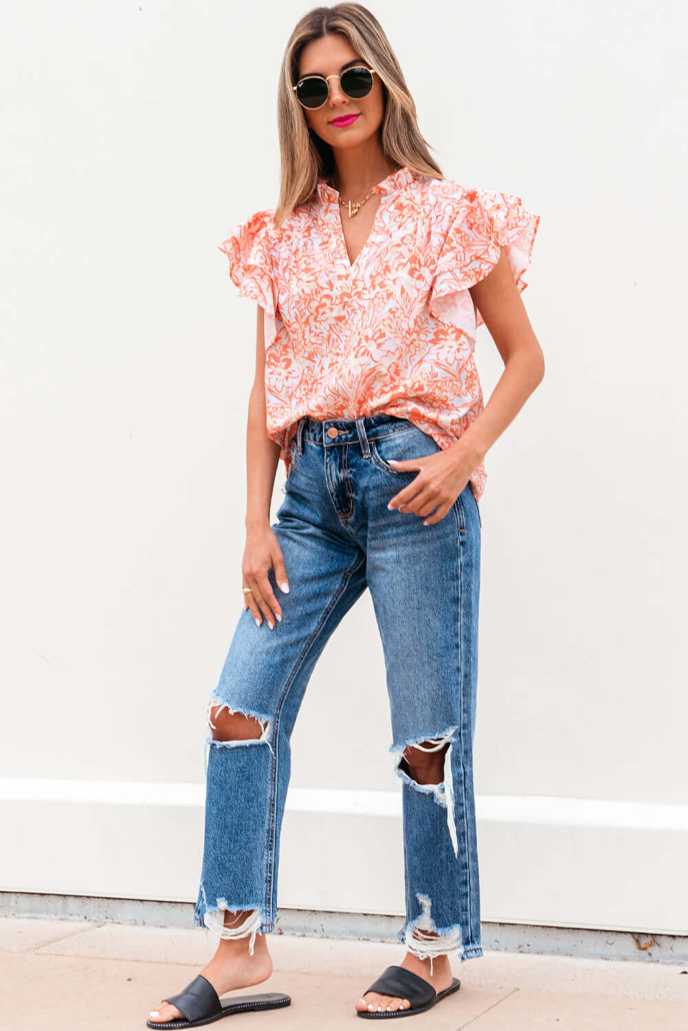 Floral Ruffle Sleeve Split Neck Blouse for Summer Style