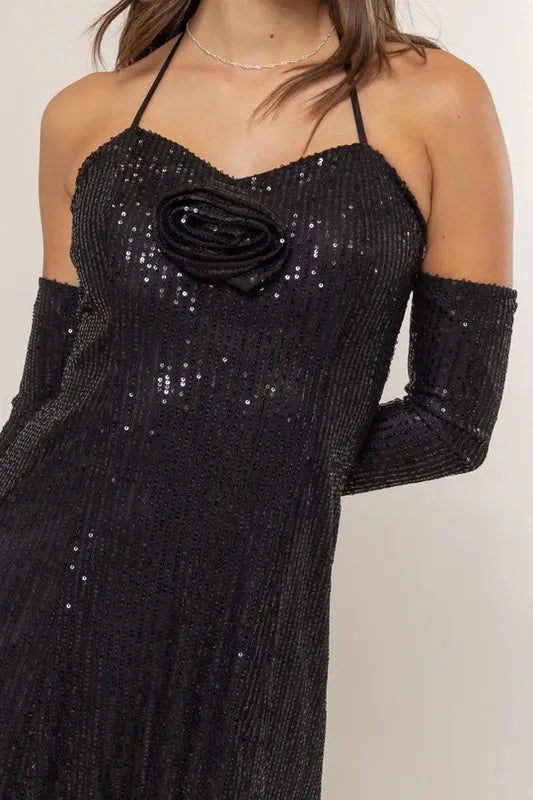 Sequin Rosette Halter Mini Dress Glamorous Party Look