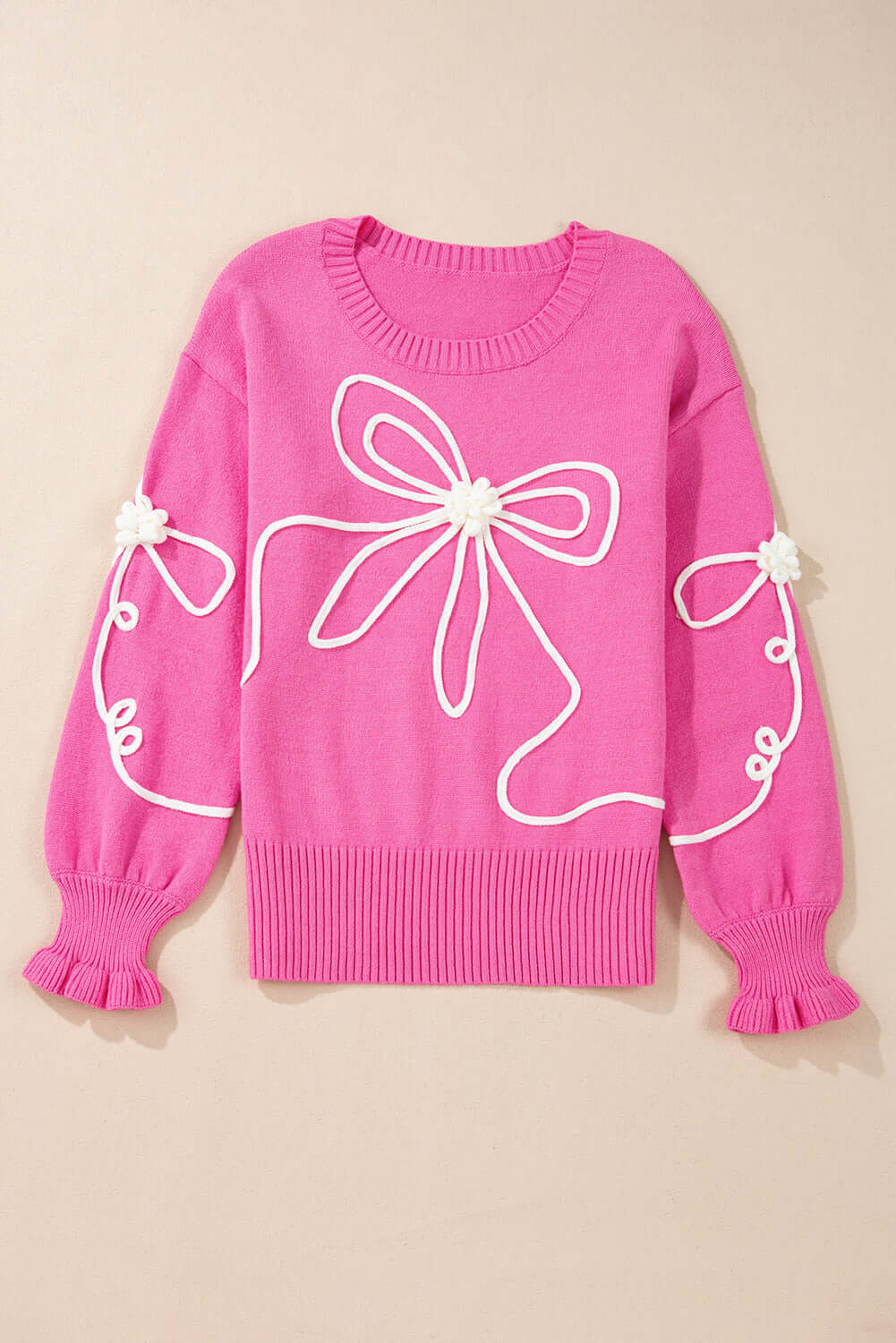 Flower Bow Sweater with Textured Corded Design