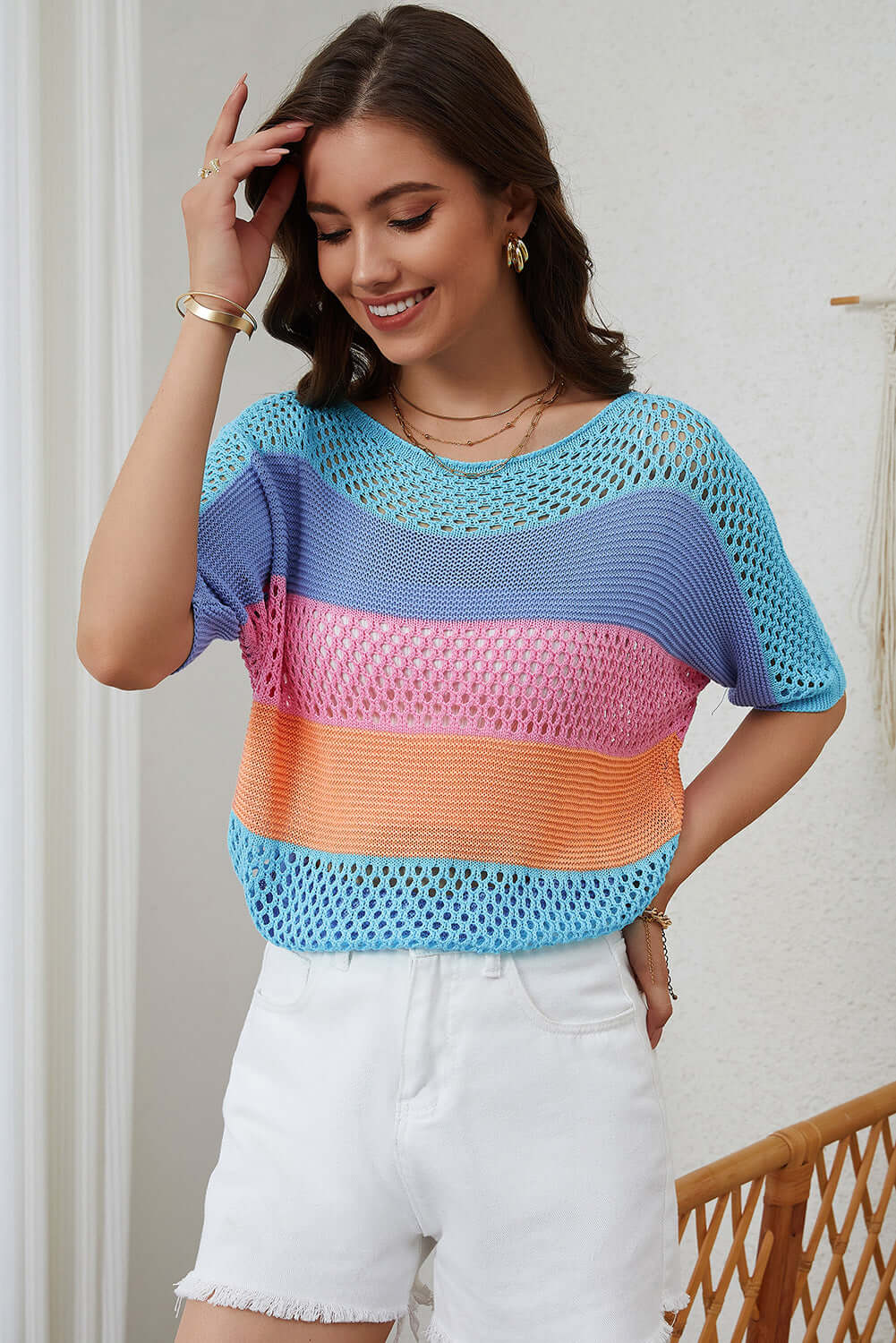 Striped Color Block Knit Top - Soft Half Sleeve Blouse