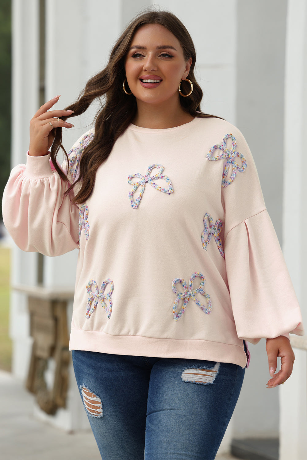 Embroidered Bow Oversized Sweatshirt with Lantern Sleeves