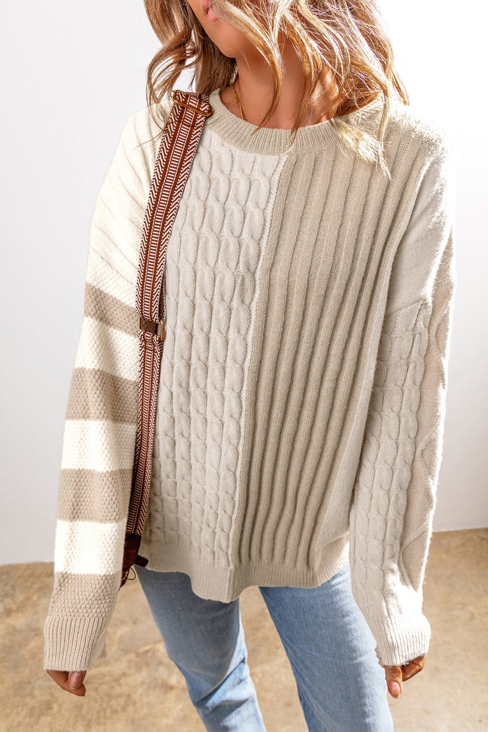 Color Block Cable Knit Sweater with Crew Neck Design