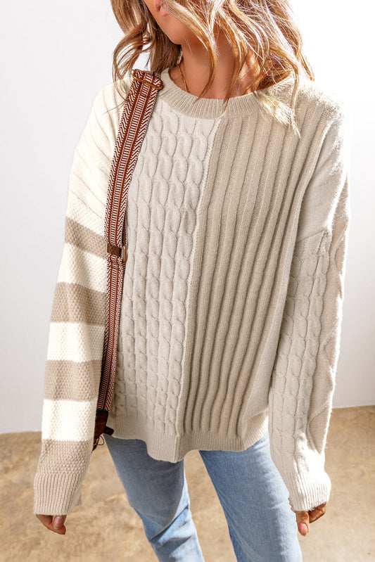 Color Block Cable Knit Sweater with Crew Neck Design