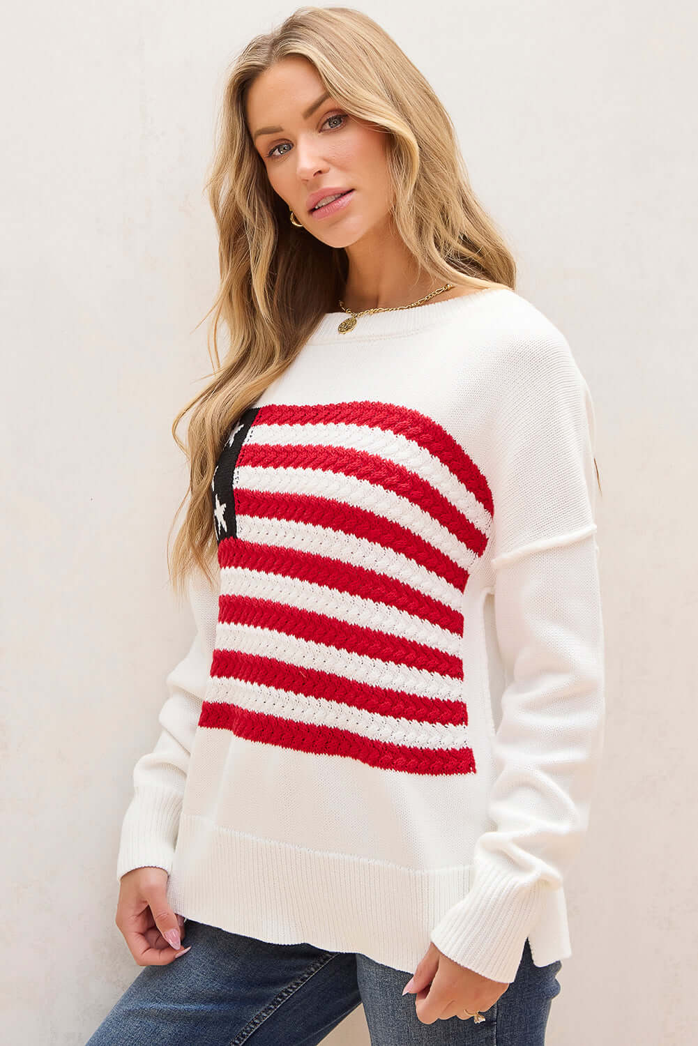American Flag Cable Knit Drop Shoulder Sweater for Women 