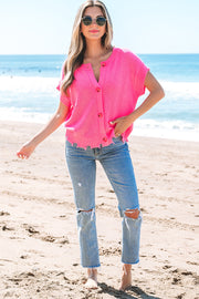 Janelle Distressed Hem Short Sleeve Button Sweater-3