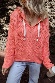 Sariah Cable Knit Drawstring Hooded Sweater-0