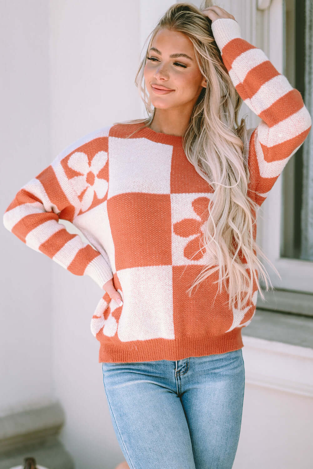  Checkered Floral Striped Sleeve Sweater with Ribbed Details 