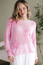 Dulce Big Flower Hollowed Knit Drop Shoulder Sweater-0