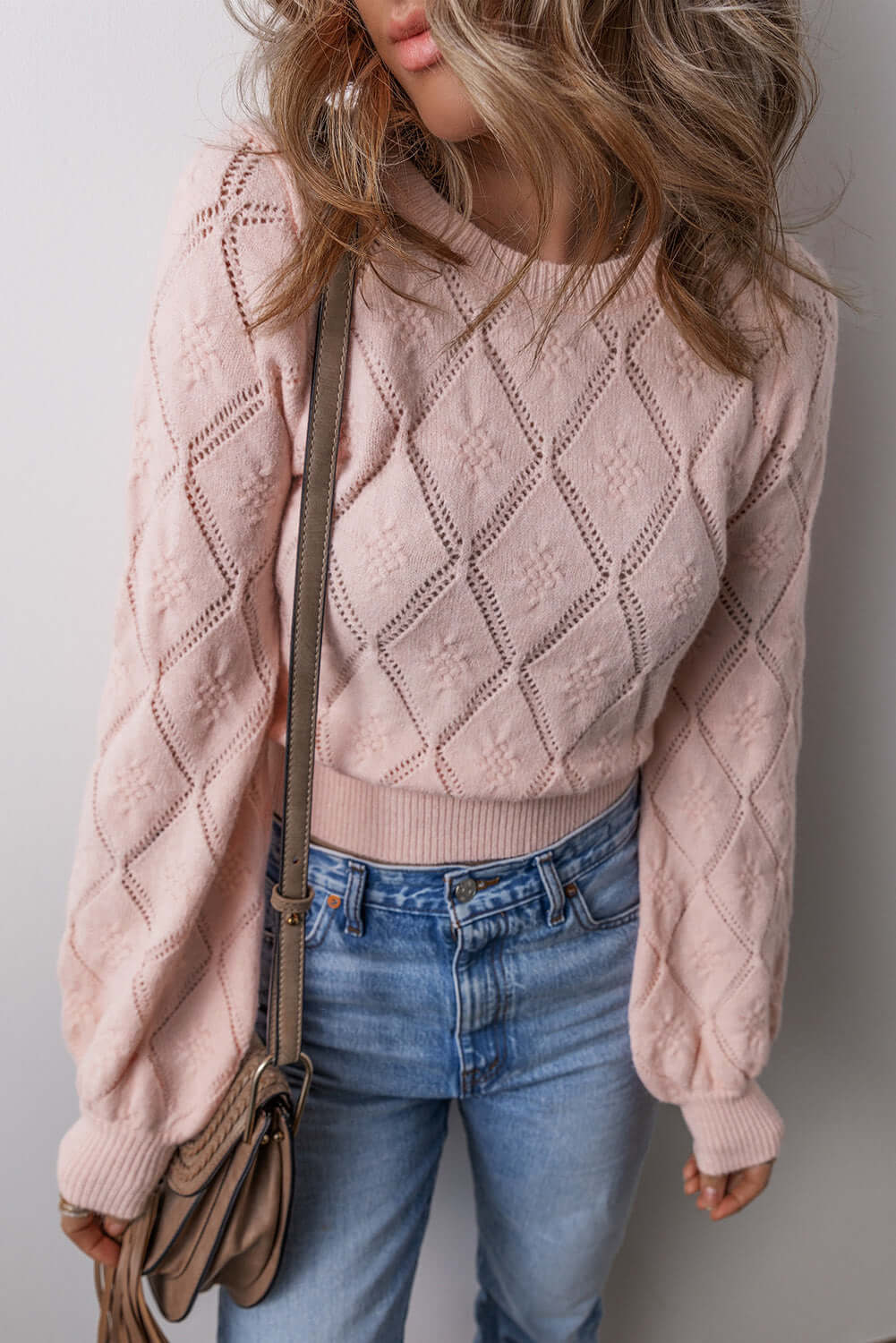 Openwork Plaid Knit Sweater with Puff Sleeves