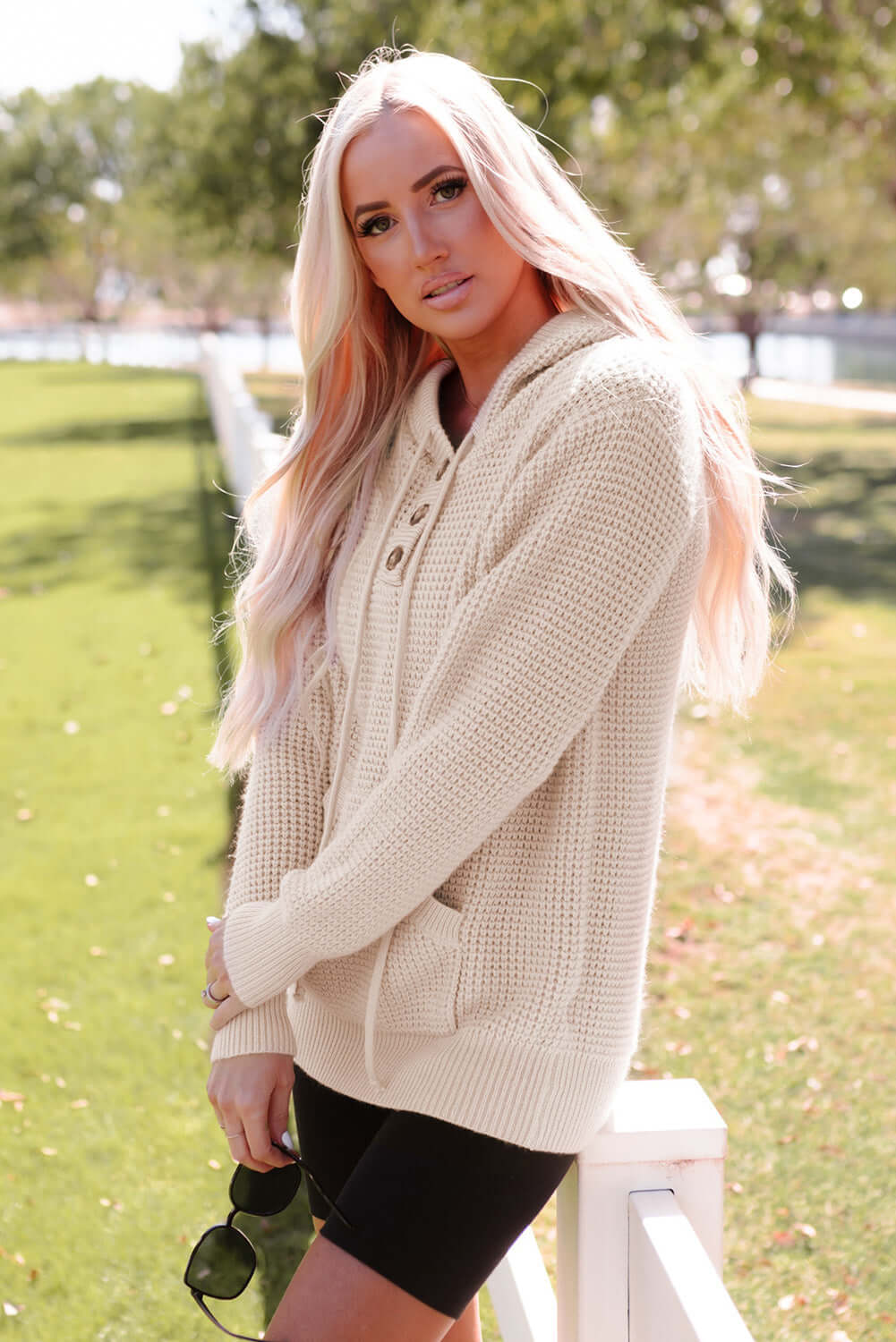 Waffle Knit Hooded Sweater With Button Neckline
