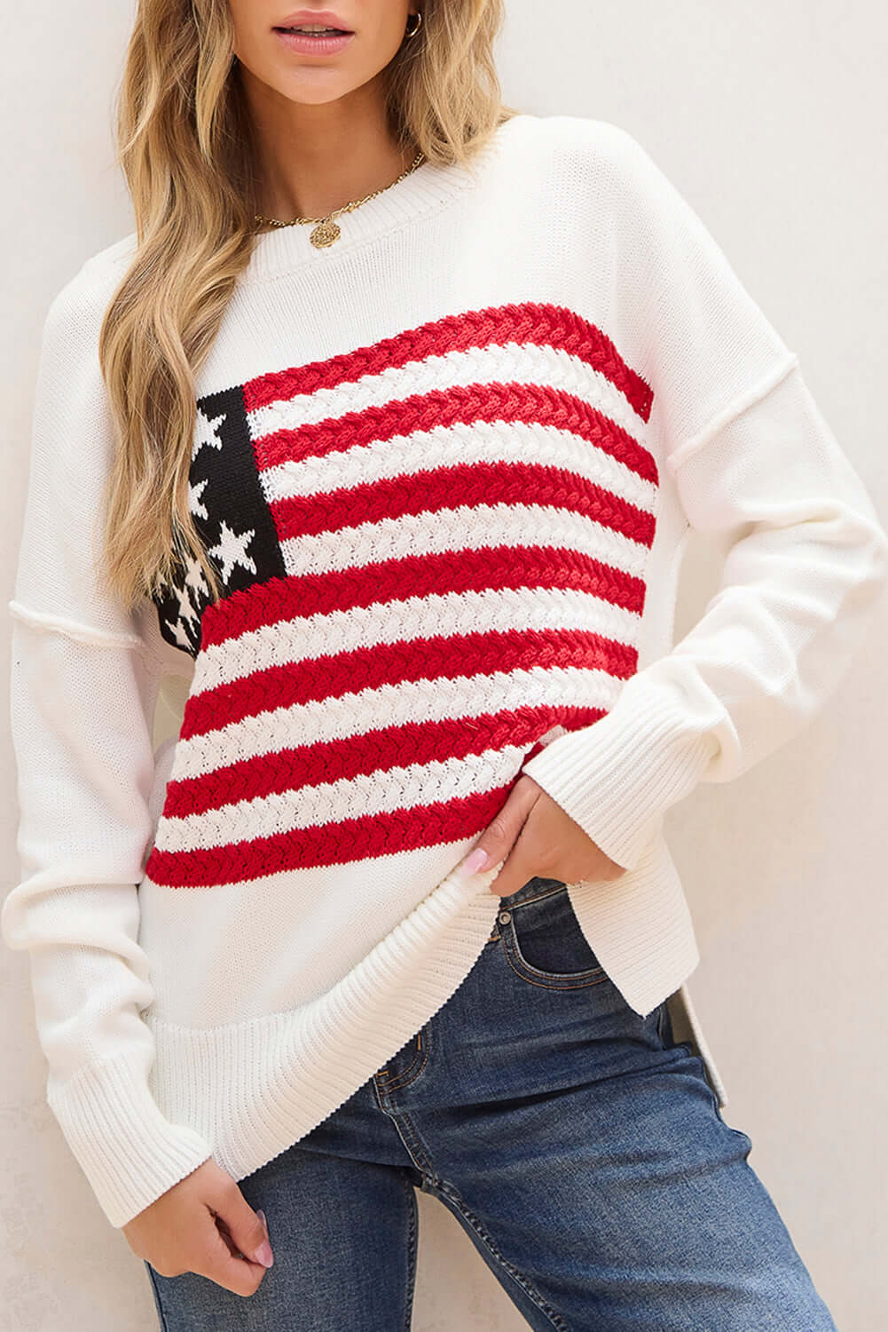 American Flag Cable Knit Drop Shoulder Sweater for Women 