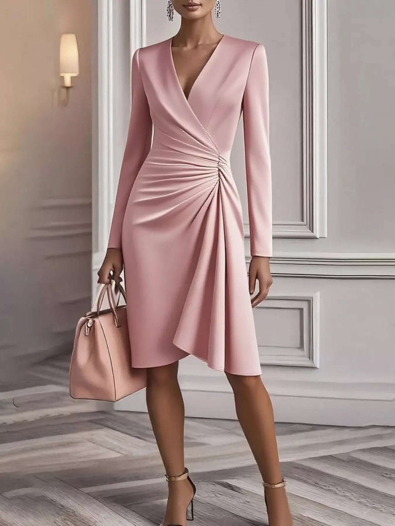 Ruched Surplice Long Sleeve Dress back view