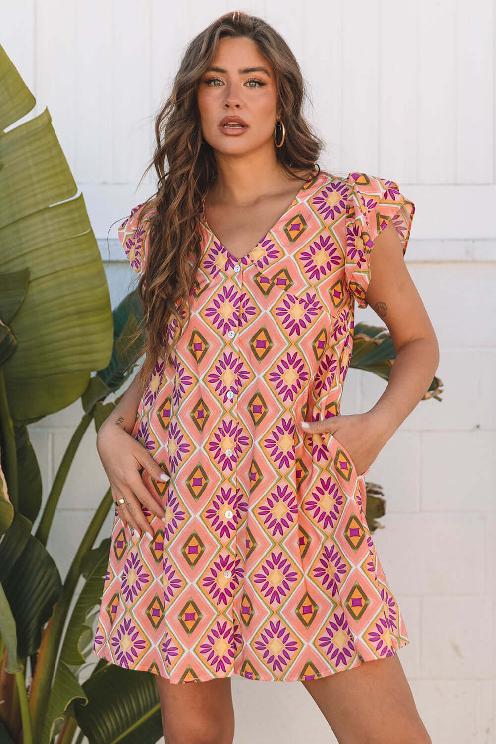Geometric Floral Ruffle Sleeve Dress - Elegant Western Style