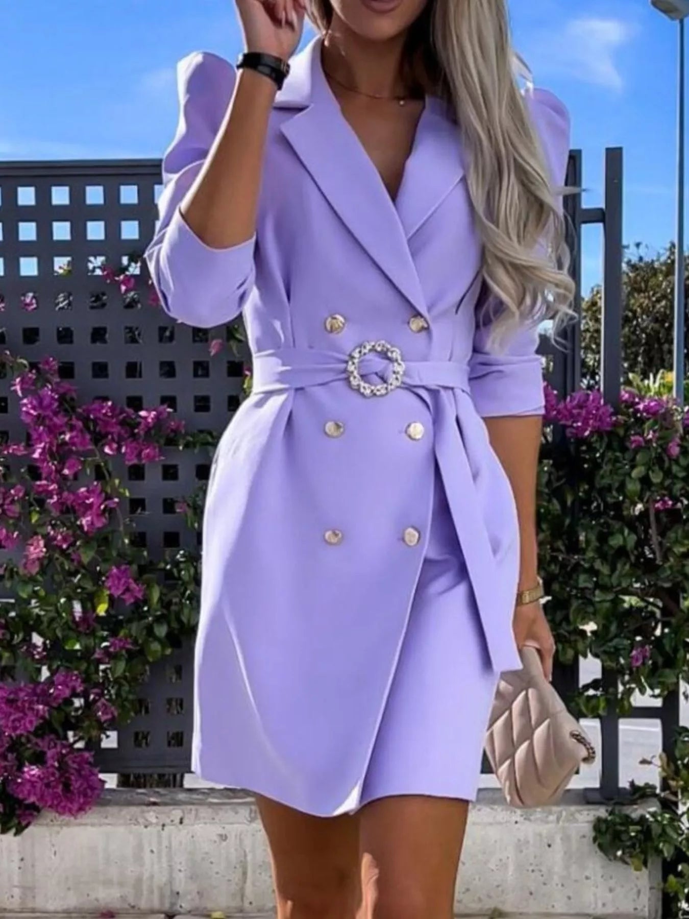  Chic Power Belted Blazer Dress 3 4 Sleeve Mini Style
