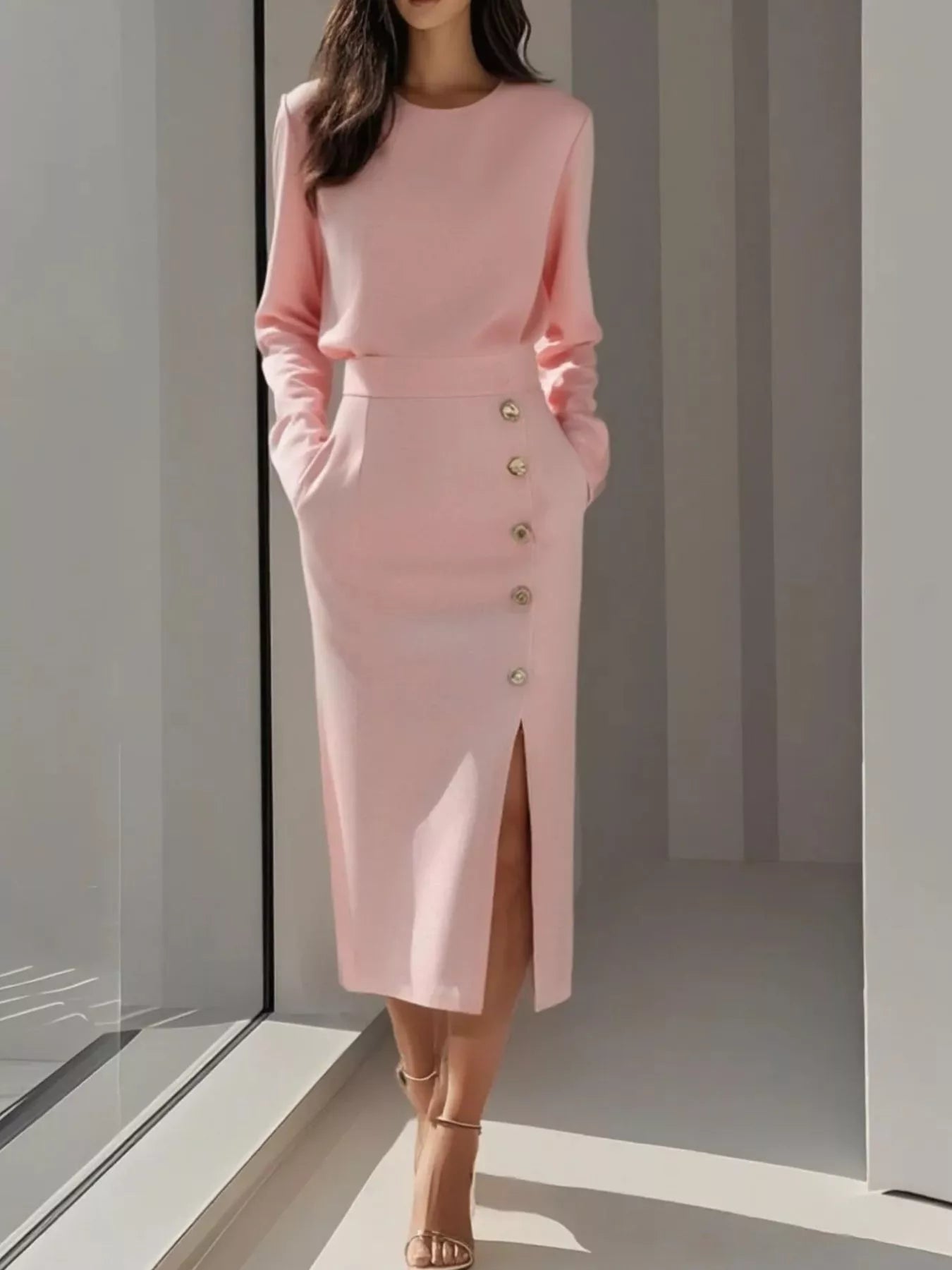 Long Sleeve Button Detail Midi Dress with Side Slit outfit inspiration