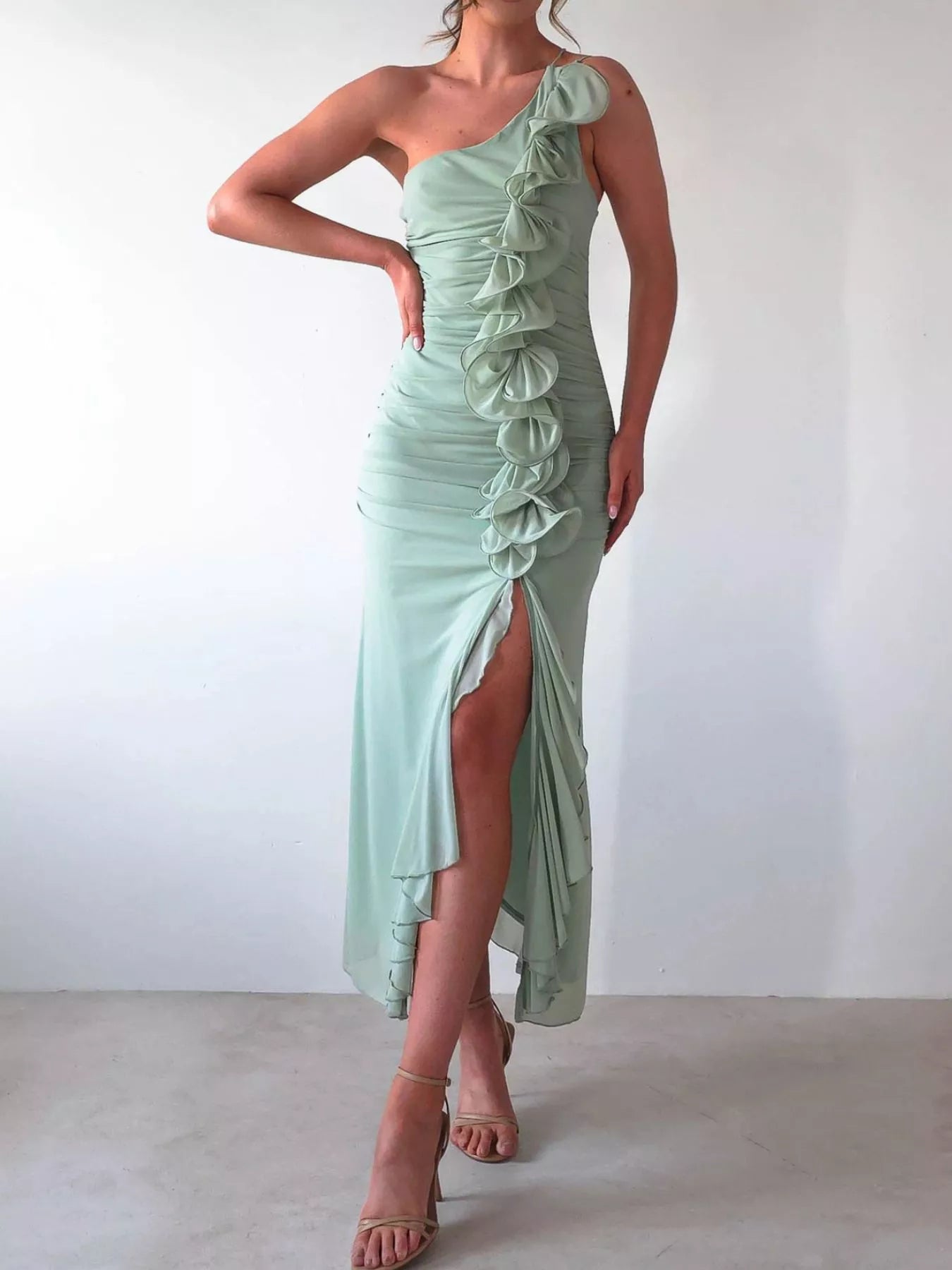 Elegant One-Shoulder Ruffle Slit Dress styling