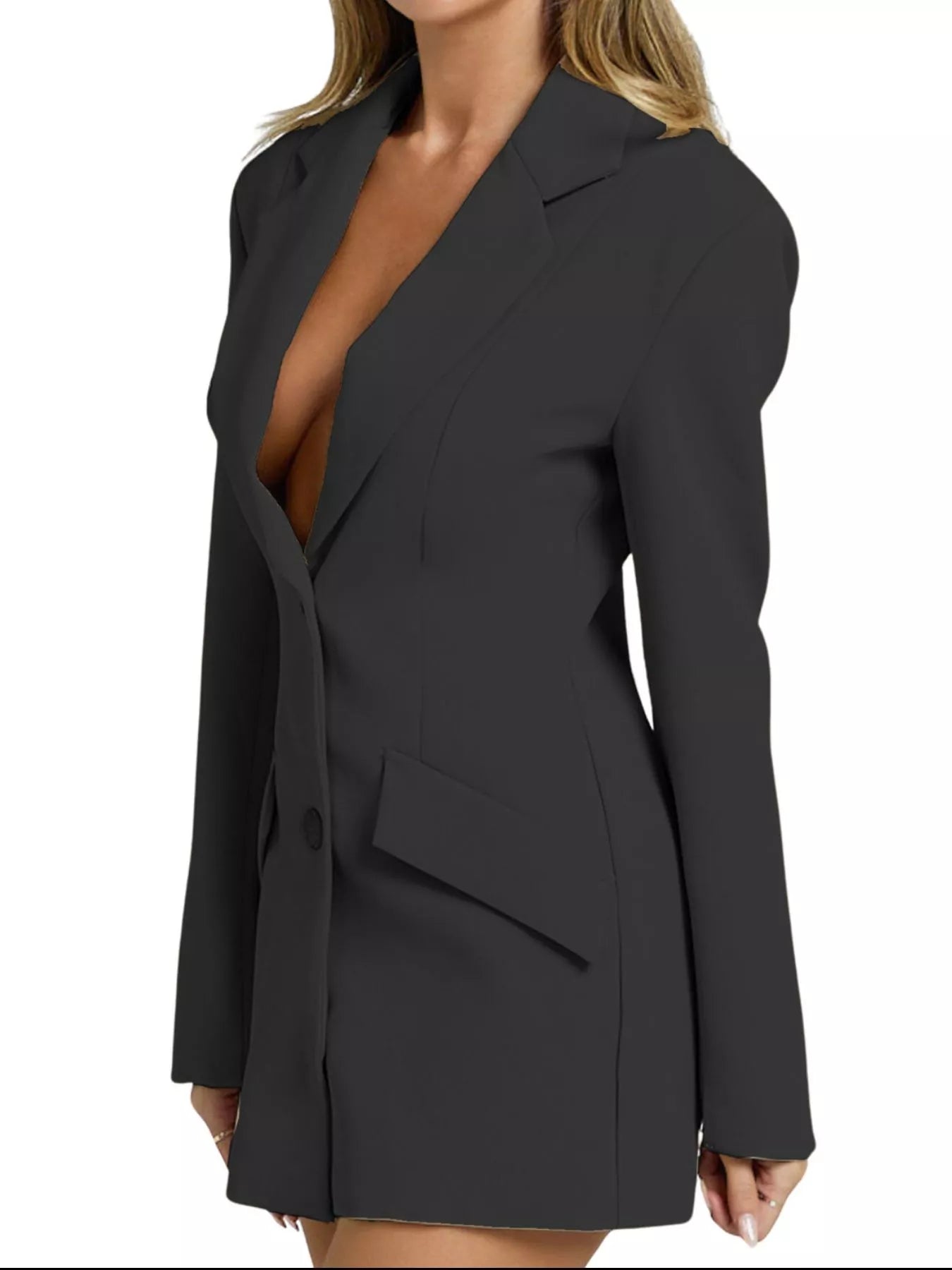 Elegant Buttoned Women's Dress shown on model in dark color, stylish and modern outfit for women.