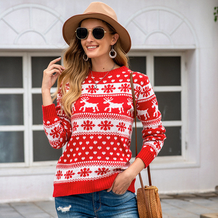 Snowflake Jacquard Sweater Loose Fit Polyester Pullover