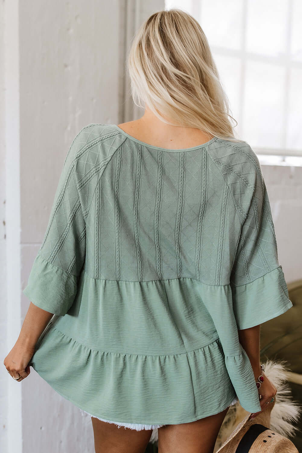 Ruffle Patchwork Blouse - Textured Split Neck Top