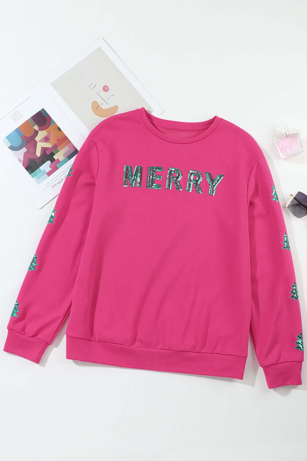 Sequin Merry Christmas Sweatshirt with Round Neck and Drop Shoulder