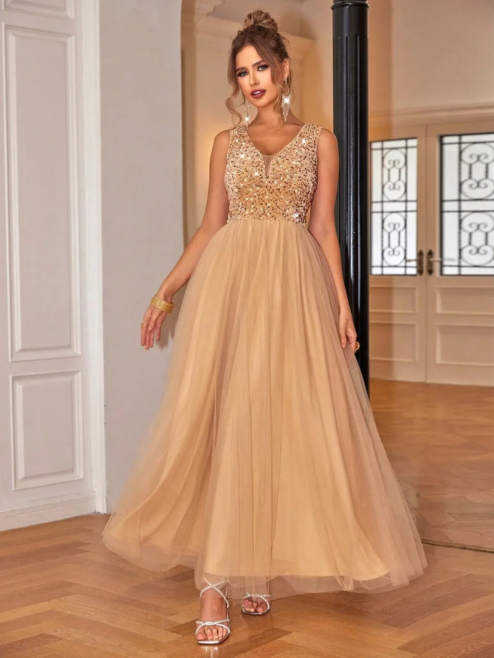 Party styling of Sequin V-Neck Sleeveless Dress with heels
