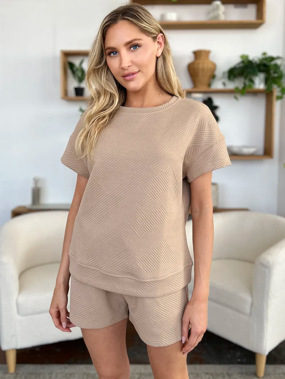 Full Size Texture T-Shirt and Shorts Set with Drawstring
