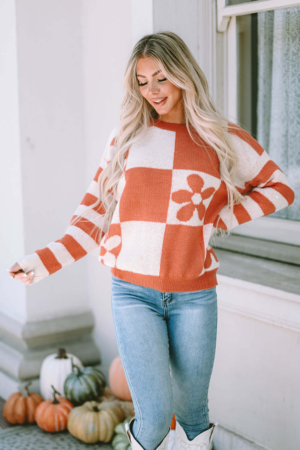  Checkered Floral Striped Sleeve Sweater with Ribbed Details 