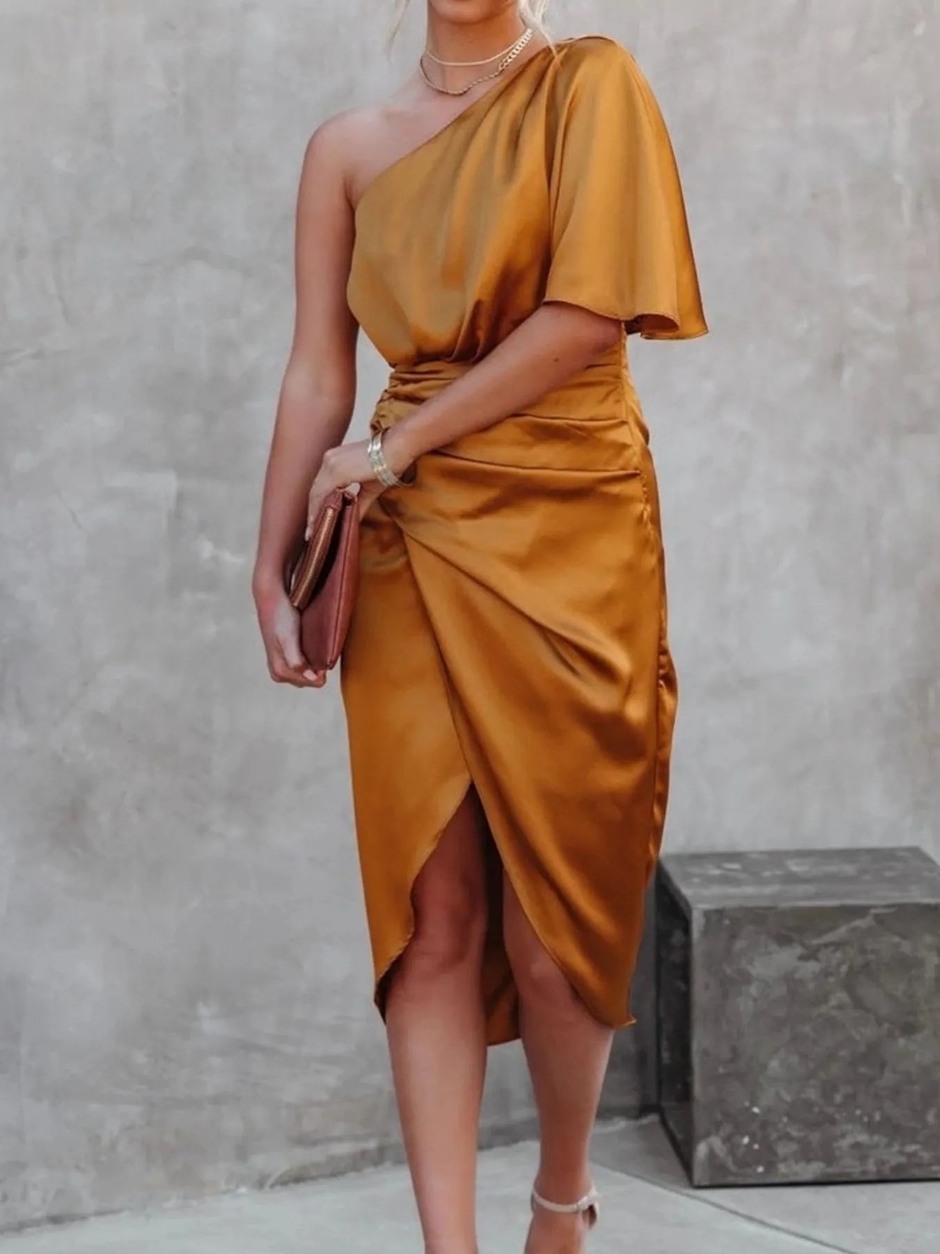 One Shoulder Satin Wrap Dress with Side Slit